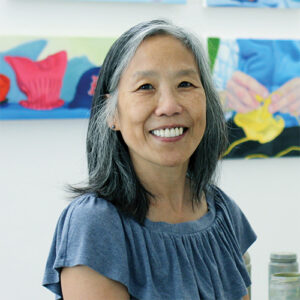 Artist Kaffee Kang in front of her work exhibited at Arts Wayland. (Photo courtesy Kaffee Kang)